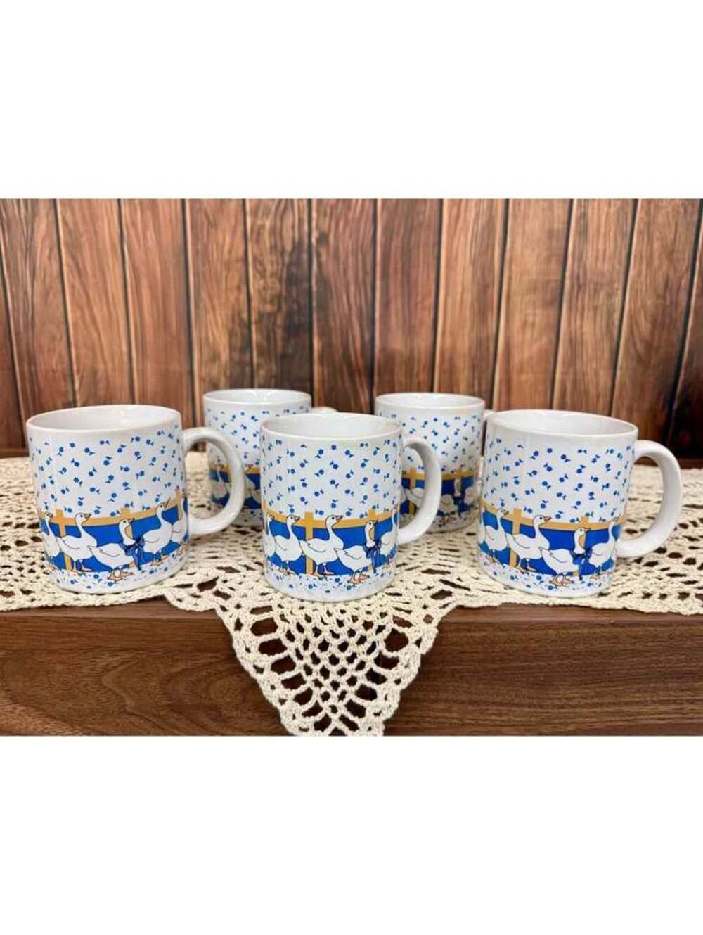 Set of 5 Vintage Country Geese Mugs with Blue Bows & Flowers